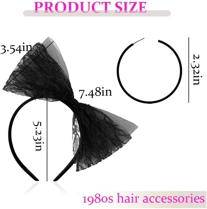 Miniatura 2 de Accesorios de los años 80 para mujer, diadema de lazo de encaje de los años 80 y aretes de neón para mujer, trajes retro vintage de los años 80 para