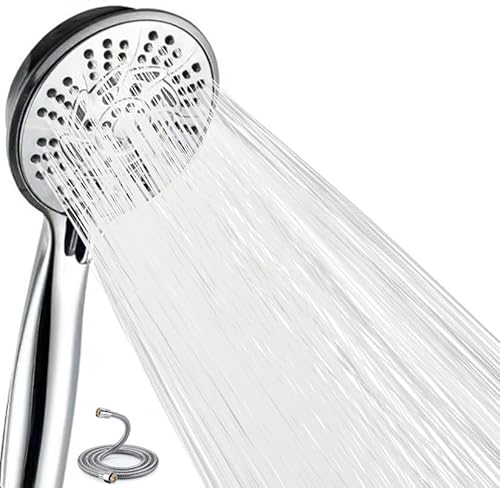Hochdruck Duschkopf mit Schlauch 2m, wassersparender Handbrause mit 10 Strahlarten (Relaxation Version), Duschbrause mit Antikalk-Funktion, runde Duschbrause, Chrom