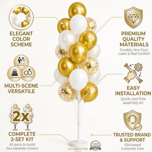 Image of Hiins Balloon Column Kit Set of 2 With Metallic Gold Confetti&White Balloons - with Base,Pole,Balloon Tower Decoration for Graduation Wedding,Baby Shower,Birthday Party,Bachelorette Party