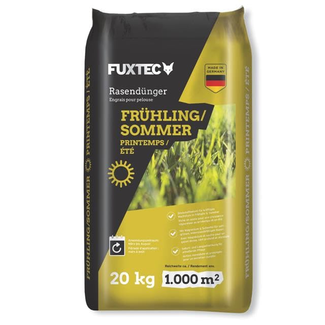 FUXTEC Abono césped primavera verano FX-RDFS20 • 20 kg hasta 500 m² • Favorece crecimiento denso y verde intenso • Liberación controlada • Ideal para mantenimiento estacional