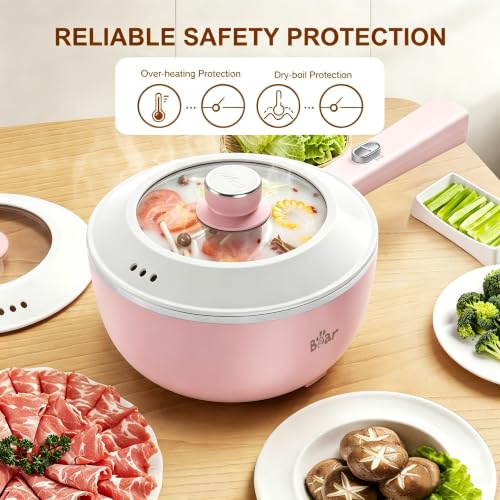 Image of Bear 2L Non-Stick Hot Pot,1000W | Multifunctional Portable Cooking Pot, Rapid Noodles Electric, Non-Stick Frying Pans for Steak, Egg, Ramen, Oatmeal