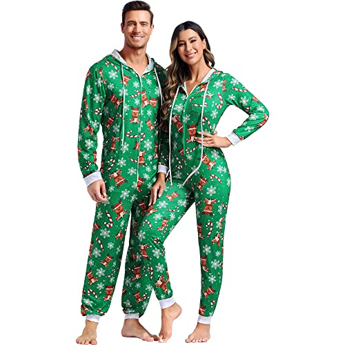 frawirshau Christmas Onesie Pajamas For Family Matching Onesies For Couples Christmas Pajamas Adult Men Reindeer Onesie Green 3XL