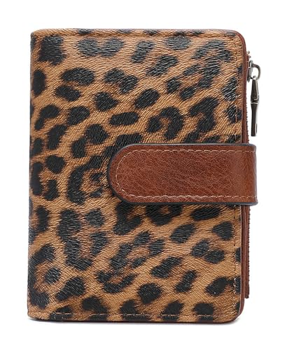 HAWILAND Womens Small Leather Wallet RFID Blocking Wallet for Ladies with Photo Card Holder for ID & Credit Card Zipper Coin Purse (Leopard Print)