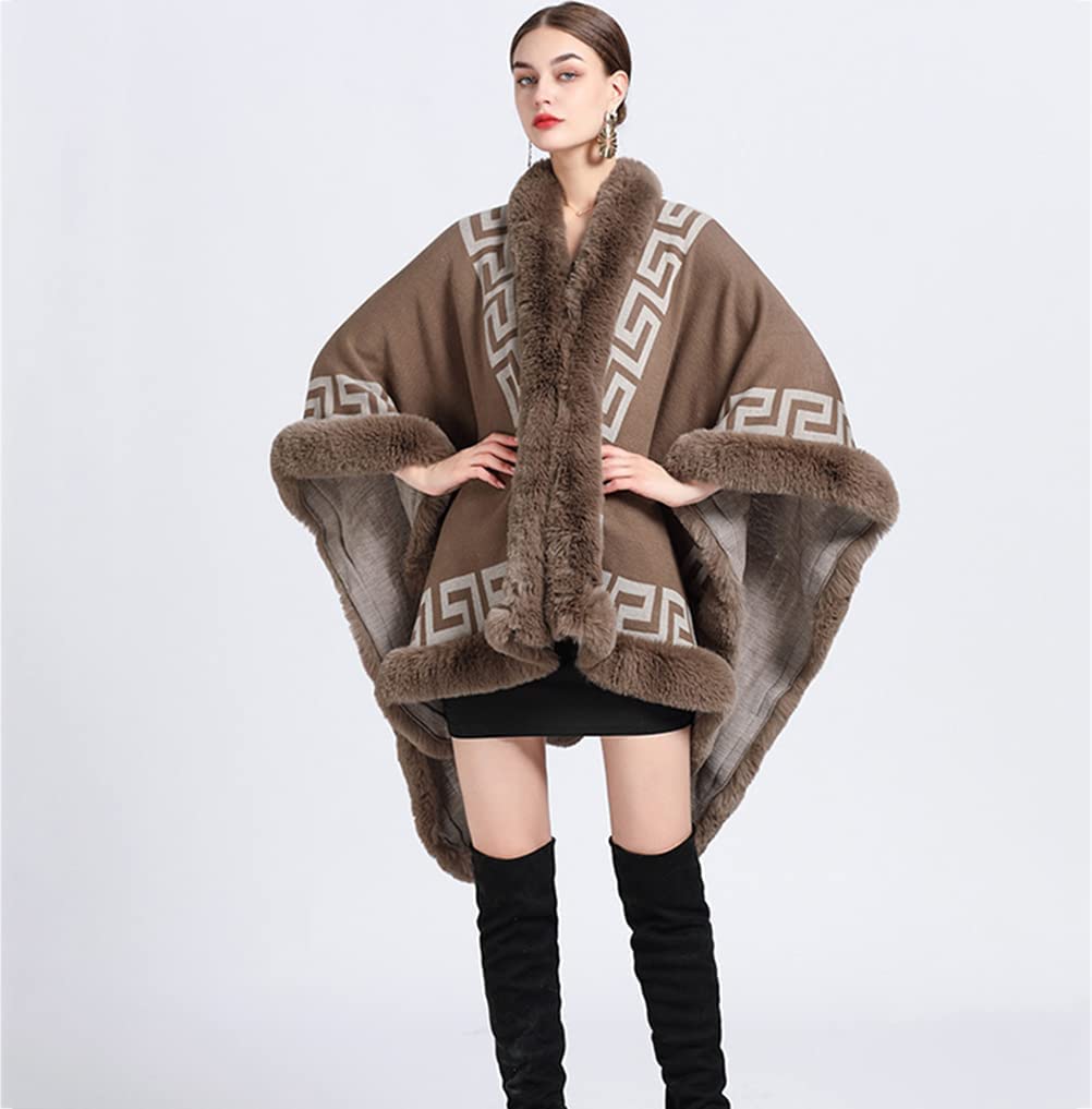 Autunno Inverno Donne Fine Knit Sciarpa Collare Capo Cardigan con Faux Fur Trim Layers Poncho, Faux Rabbit Fur Capo Wrap Scialle Cappotto di Lana