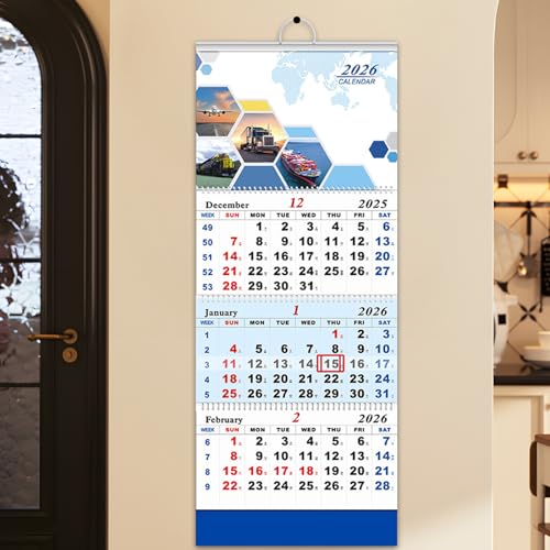 3 Month View Calendar 2026, Vertical Trifold Wall Calendar, Large
