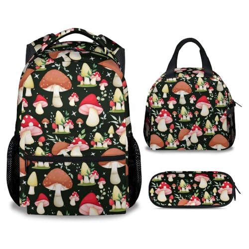 Mushroom Backpack with Lunch Box and Pencil Case Set, 3 in 1 Matching Teens Colorful Backpacks Combo, Cute Lightweight Bookbag and Pencil Case Bundle