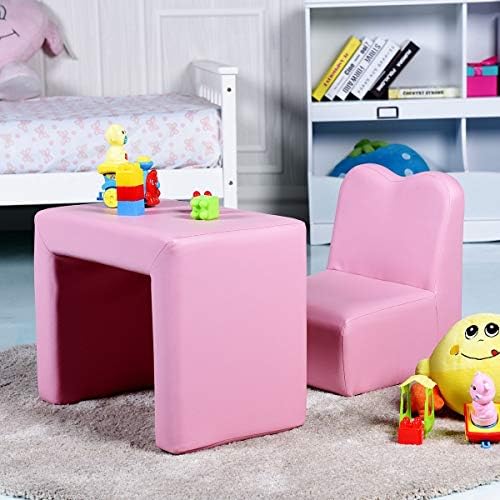 Custpromo Kids Sofa, 2-in-1 Multi-Functional Children's Table & Armchair Set with Wooden Frame for Boys & Girls (Pink)