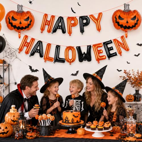 Image of Happy Halloween Balloons, Halloween Decorations Balloons, 14 PCS 16 inch Orange and Black Happy Halloween Letter Balloon with 2 PCS 24 inch Pumpkin Shaped Foil Balloon for Halloween Party Decorations Supplies