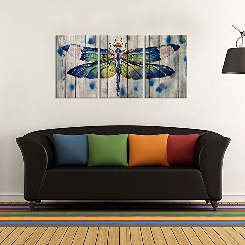 Ihappywall 3 Pieces Canvas Wall Art Watercolor Dragonfly On Wood Background Vintage Animals Painting Print On Canvas Stretched And Framed For Home Decoration Ready To Hang 16X24Inchx3Pcs #TOP3