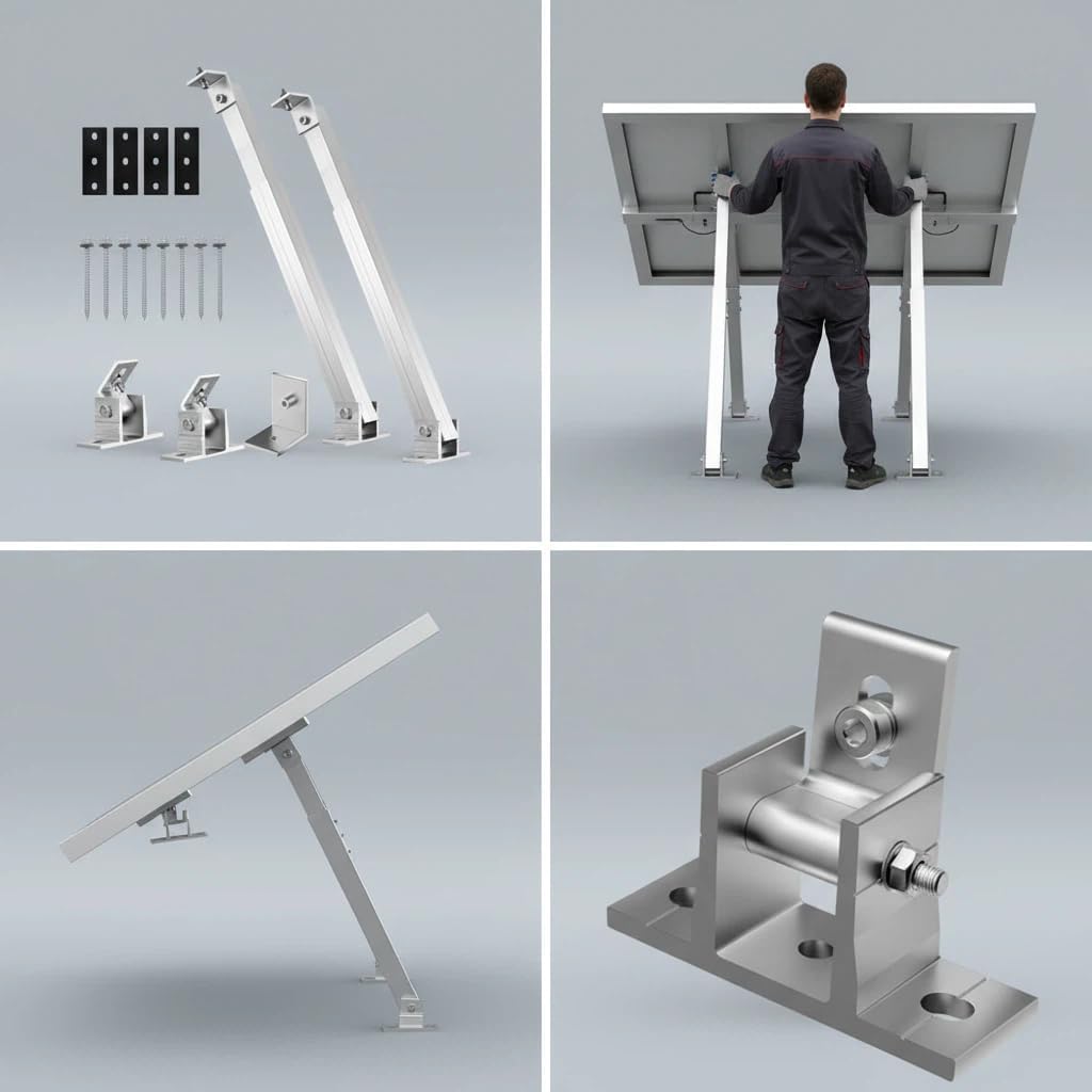 Adjustable Solar Panel Tilt Mount Brackets, Aluminum Alloy Solar Panel Mounting Support Stand for up to 600W Panels, Solar Panel Mount & Ground Mount Legs for Flat Roof RV (Silver)