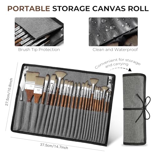 Image of Fuumuui 25pcs Paint Brush Set, Professional 9 Shapes with Wide Flat, Filbert, Fan, Dagger, Cat Tongue, Round, Angle, Rigger for Acrylic Oil Watercolor | Includes Palette Knife & Waterproof Canvas Roll