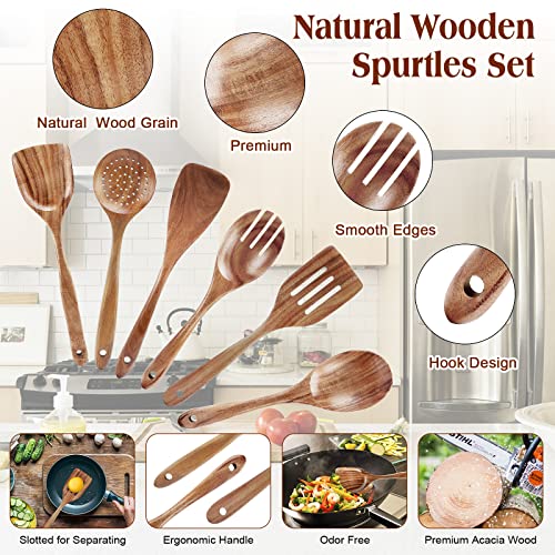Wooden Utensils For Cooking, 6Pcs Natural Teak Wooden Cooking Utensils Set Wooden Spoons For Cooking Wooden Spatulas Set- Heat Resistant Non-Stick Comfortable Grip Smooth Cooking Utensils Set #TOP2