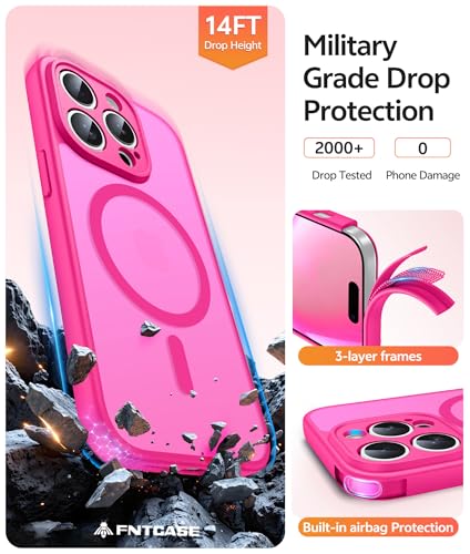 Image of FNTCASE for iPhone 14 Pro Case: [Compatible with Magsafe] Translucent Matte Cases with [Full Camera Protection] [Screen Protector] Military Grade Shockproof Protective Phone Cover - Hot Pink