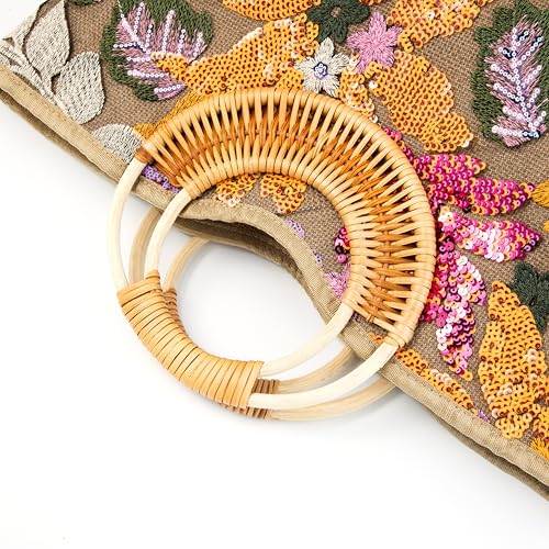 Image of Rattan Wood Handle Sequin Embroidered Floral Beach Bag Tote for Vacation and Wedding Party