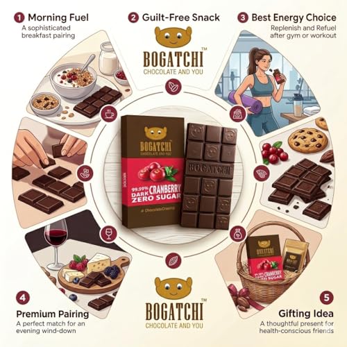 Image of BOGATCHI 99% Dark Handcrafted Chocolate with Cranberries, Real Cocoa Intense Dark Chocolate, 60gm