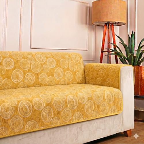 Image of STITCHNEST 'Opulence Series' Floral Woven Sofa Cover for 2 Seater | Premium Soft Fabric Sofa Protector | Yellow Circular Pattern with Tassel Edge Finish | Durable Living Room Furniture Cover