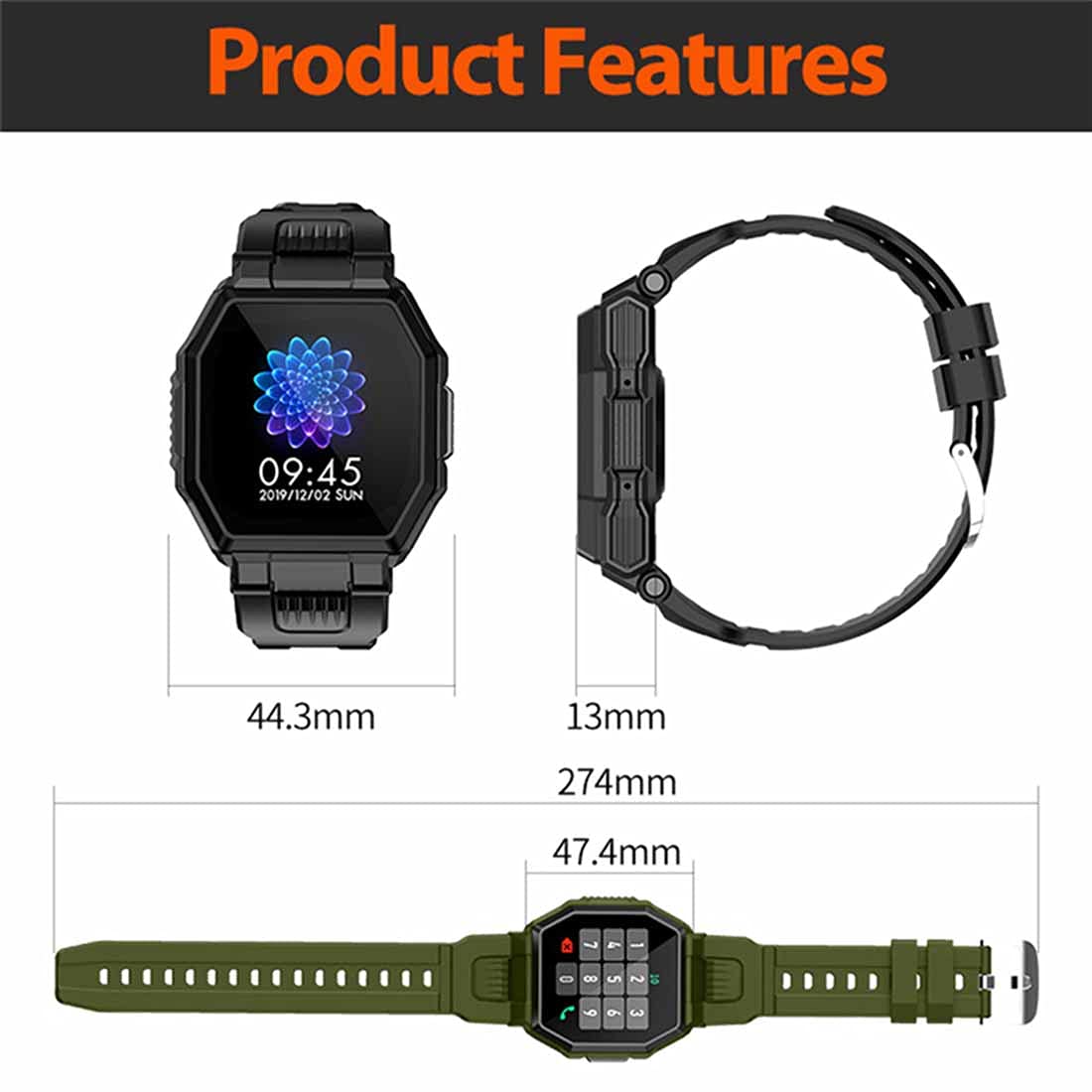 Fitness Tracker, Bluetooth Sport Smart Watch, pulsometr, monitor snu, krokomierz, stoper, pełny ekran dotykowy, smartwatch, wodoszczelność IP67, krokomierz, do systemu Android ios, unisex, zielony, Pasek