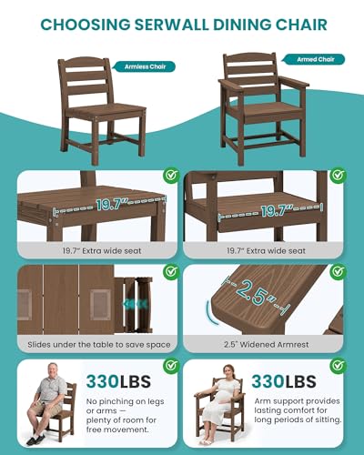 Image of SERWALL 59 inch HDPE Patio Dining Set for 6, w / 1 Table & 6 Armchairs, Brown | All Weather Resistant HDPE Dining Sets for Patio, Garden, Backyard