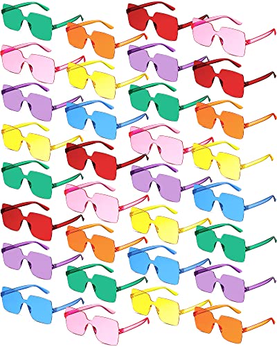 Chumia 51 Pairs Colored Fun Sunglasses Bulk Candy Party Rimless Transparent Square Tinted Sunglasses Rectangle Colorful Bulk Frameless Colored Glasses for Women Men Cosplay