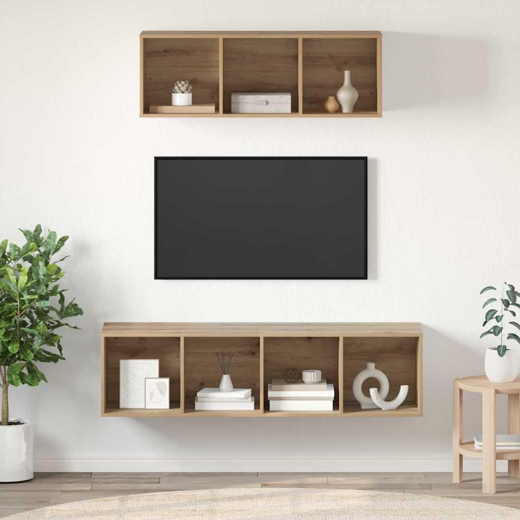 TV-Schrankset Wandmontiert 2-teilig, Artisan-Eiche Holzwerkstoff, Modernes Media-Center für Wohnzimmer, 37x37x142,5 cm