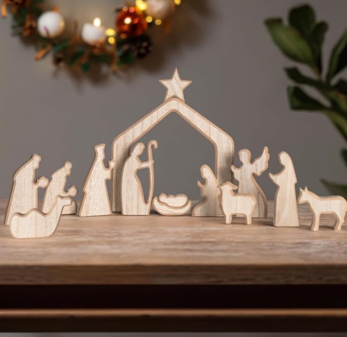 EGZ Nativity Scene Set, 13Pcs Wooden Christmas Nativity Scene Miniature Holy Family Figurines, Minimalism Boho Tabletop Christmas Manger Decorations for Christian Indoor Home Mantel Display