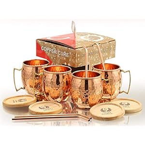(Gift Set) Pure Copper Hammered Mugs with Copper Straws & Wooden Coasters Set of 4 – PREMIUM QUALITY -16 Oz Copper Cups…