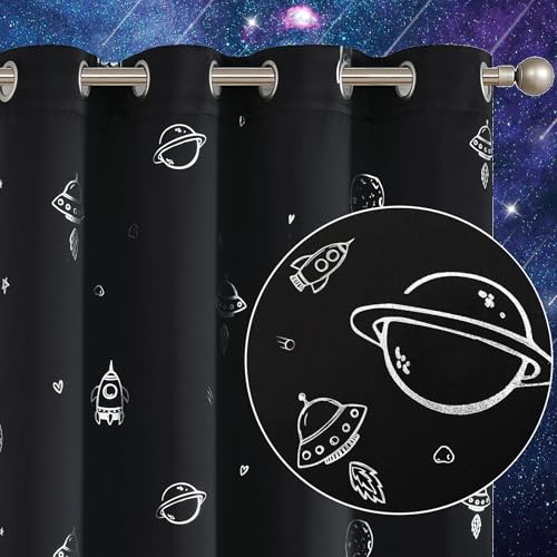 Image of Vangao Black Kids Curtains for Boys Bedroom Space Theme Blackout Curtains for Kids Nursery Girls Room 63 Inches Length Silver Foil Print Drapes Grommet Top Window Treatments Set 2 Panels