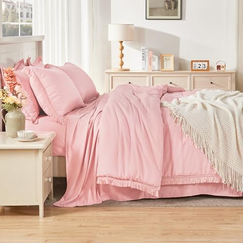 Image of Andency Full Size Comforter Set Light Pink -7 Pieces Boho Tassel Bed in a Bag Soft Lightweight Bedding Sets, Fringe All Season Bed Set with Comforter, Sheets, Pillowcases & Shams