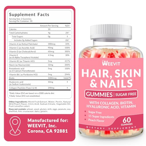 Sugar Free Hair Skin Nails Vitamins Gummies for Women, Hair Vitamins Supplement w/Biotin, Hyaluronic Acid, Collagen, Vitamin E&C for Hair Growth, Stronger Nails, Glowing Skin