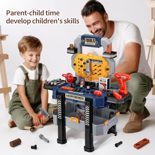 Image of Jovow Kids Tool Bench with Realistic Tools and Electric Drill, Suitable for 3-5 Year Olds to Build Their Own Toy Workbench, 79 Pcs Realistic Toy Tools with Clothes, 32 x 26.6 x 14.4 in-Blue