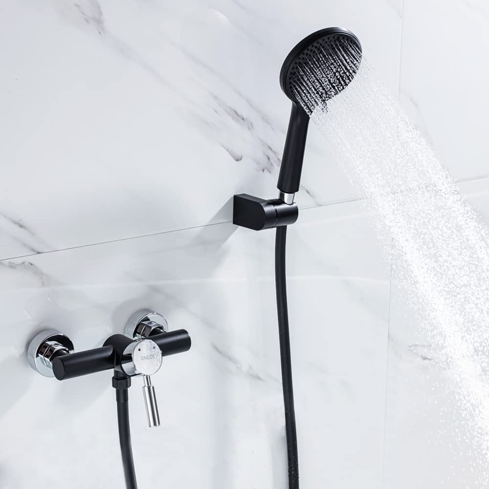 ONECE Rubinetto Doccia a Parete in Ottone Nero, Set Miscelatore Doccia con Doccetta a 3 Modalità Φ12 cm, Temperatura Regolabile, con Supporto e Tubo Flessibile