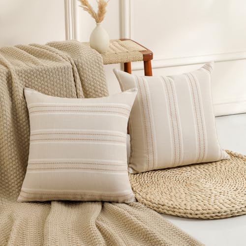 Image of Hckot Hand Made Throw Pillow Covers 16x16 Set of 2 Striped Pillow Covers Linen Decorative Pillows Square Cushion Covers for Sofa Couch Bed Living Room Farmhouse Decor, Khaki