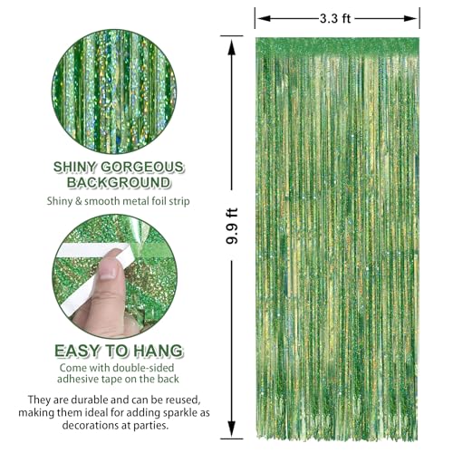 Image of Crosize 3 Pack 3.3 x 9.9 ft Laser Green Foil Fringe Curtains Party Decorations, Laser Green Tinsel Curtain Backdrop for Parties, Door Streamers, Glitter Streamer Backdrop for Birthday Decoration