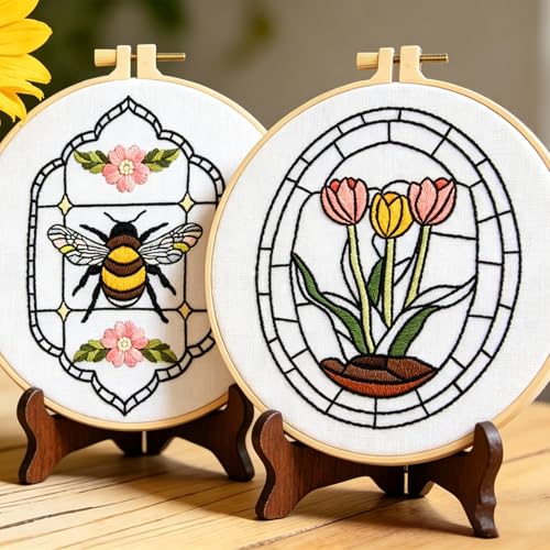 Image of Armindou Flowers Bee Embroidery Kits for Beginners Adults, Floral Hand Embroidery Set Needlepoint DIY Kits, Stamped Cross Stitch Kits for Beginners Adults, 2 Embroidery Hoops (Attached Video Tutorial)