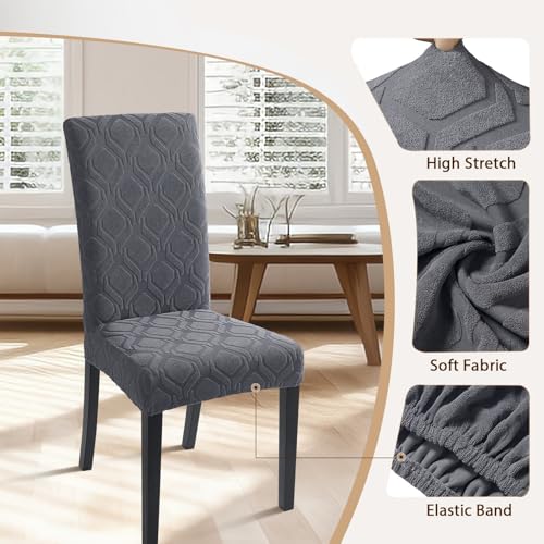 Image of SearchI Dining Room Chair Covers Set of 6, Stretch Jacquard Parsons Chair Slipcovers Super Fit Spandex Removable Washable Kitchen Chair Protector Cover for Dining Room, Hotel, Ceremony (Grey)