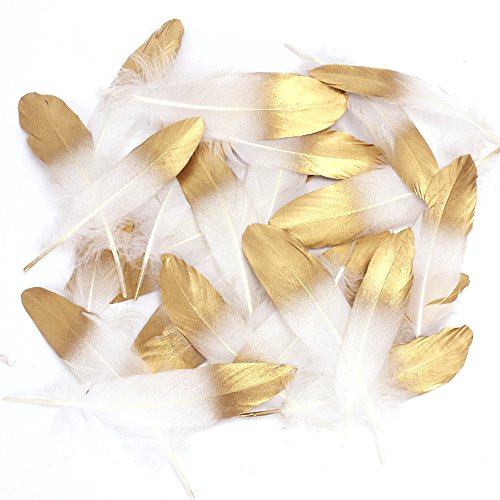 Coceca 55PCS Gold Dipped Natural White Feathers for Various Crafts, Birthday Parties, Wedding and Party Dress-ups