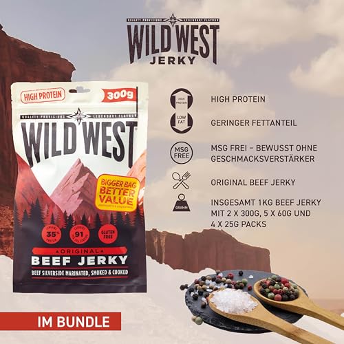 Wild West Beef Jerky 1kg Bundle - Original Rindfleisch Snacks in verschiedenen Größen - Beef Jerky high Protein Trockenfleisch, Protein Snack