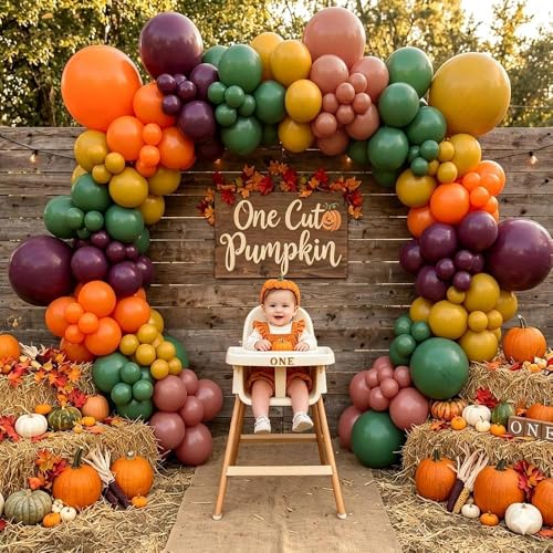 Image of Retro Balloon Garland Double Stuffed Dusty Pink Orange Mustard Yellow Sage Green Purple Fall Balloon Arch Kit for Birthday Baby Shower Festival Thanksgiving Party Decorations
