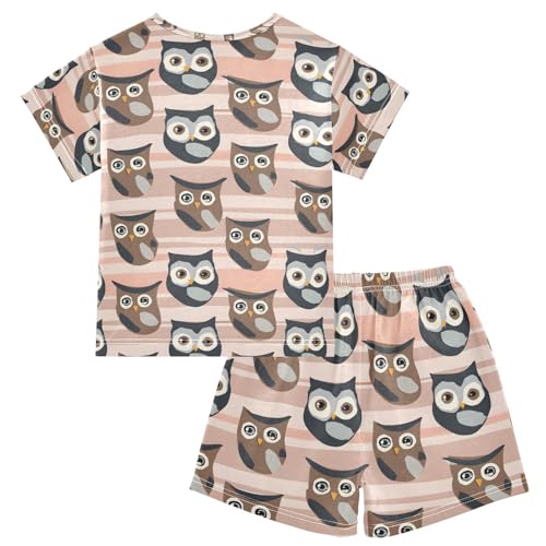 ALAZA Owl Bird Striped Pajamas Set Short Sleeve Cotton Sleepwear Summer Pjs 2 Piece 5-14Y2
