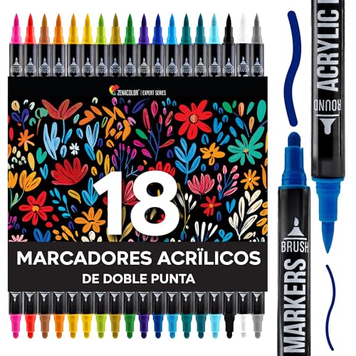 Zenacolor Rotuladores Acrilicos con Doble Punta (Punta Fina y Pincel) - 18 Colores únicos para Distintas Superficies y Obras de Arte - Rotuladores Acrilicos Permanentes
