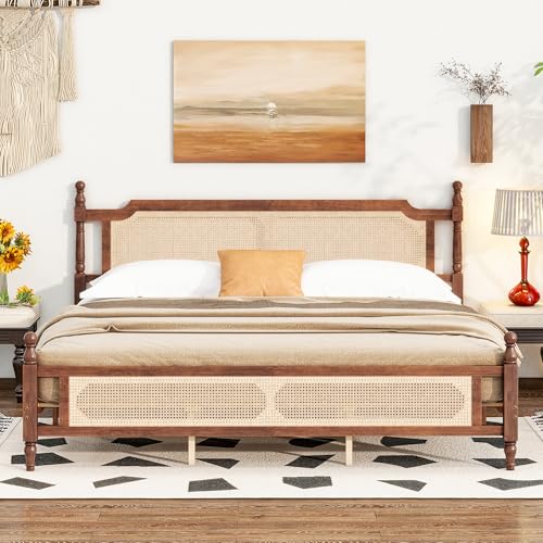 King Size Solid Pine Wood Platform Bed with Rattan Headboard & Footboard, Central Reinforced Support...