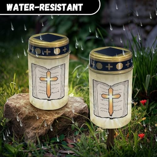 Image of Cross and Bible Light for Prayer Cemetery Solar Lights for Grave Cemetery Decor Flameless Candle Lamp Solar Power Outdoor Garden Waterproof Eternal Light 2 Pcs