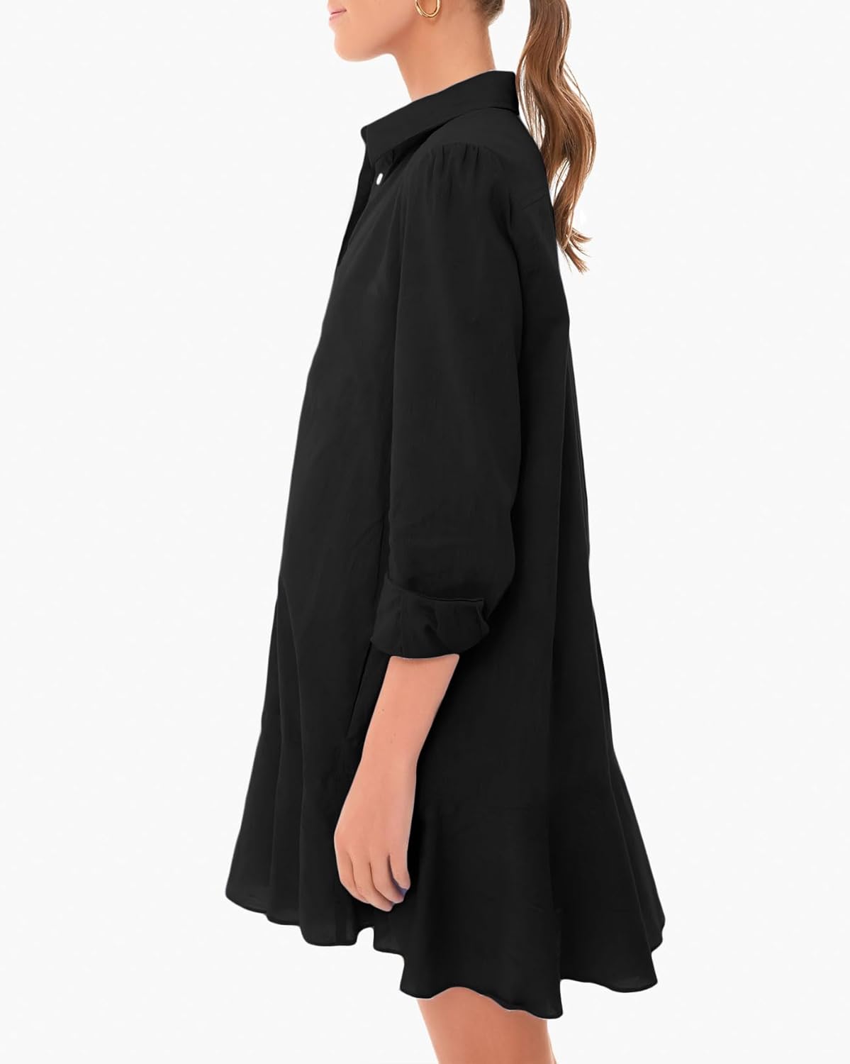 Women's Tunic Shirt Mini Dress Long Sleeve Cotton Short Dress Button Up Ruffle Hem Shift Dresses Flower, XX-Large, Black - Image 2