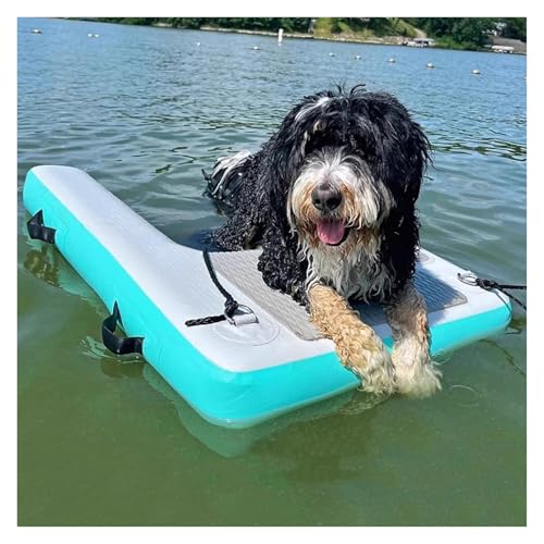 Dog Pontoon Boat Ladder Ramp, Inflatable Dock Platform for Dogs Up to 132 Lbs, High Visibility Dog Climbing Water Slope for Pools Boats Lakes Beaches, with Anti-Slip EVA Pad(Green,3.9 inch Thick)