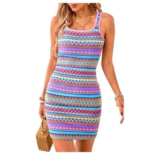 PRETTYGARDEN Womens 2025 Summer Mini Dresses Square Neck Sleeveless Tank Bodycon Striped Boho Sundresses Beach Vacation Clothes (Light Purple, S)