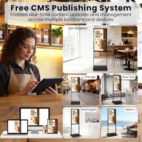 Image of 43 inch Digital Signage Display Kiosk Indoor Floor Standing Advertising Black | 4K Android 14 4 + 32 Storage, USB WiFi HDMI Bluetooth Input, Smart Split Screen, Free CMS, 700 Nits, Life over 50,000 hours