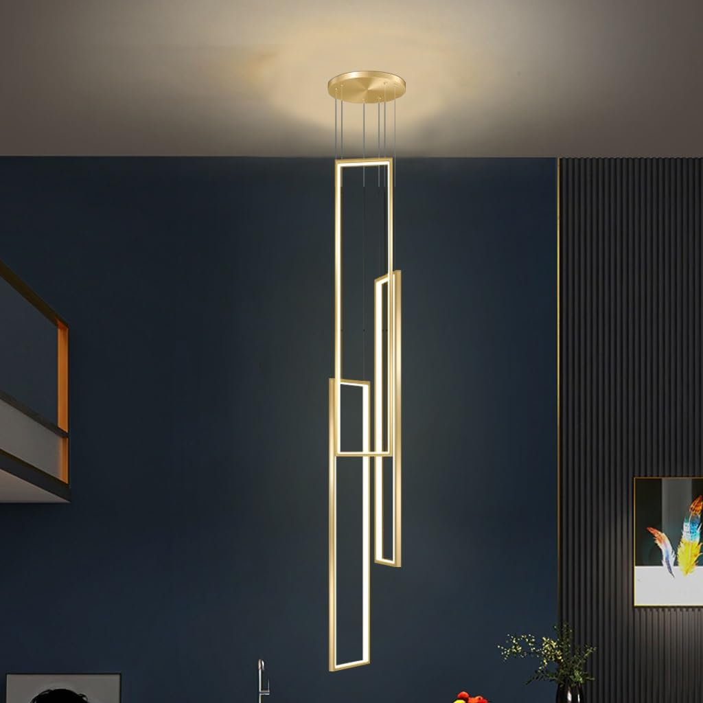DOCJX Modern Geometry Staircase Pendant Lighting Aluminum Material LED Chandelier Living Room Hanging Lamp Duplex Building Large Pendant Lamp Hallway Stairway Foyer Lampe (Color : Gold, Size : 3 FLA
