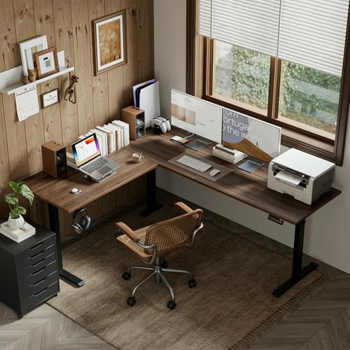 Image of Agilestic L-Shaped Standing Desk Adjustable Height, Electric Corner Standing Desk, Sit Stand Up Desk, 75x61 inch Sit Stand Computer Table, Dark Walnut