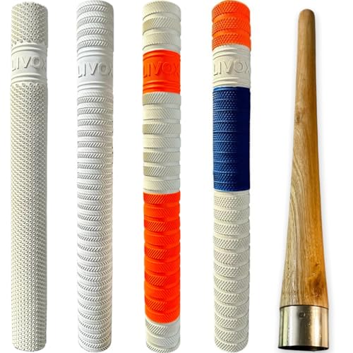 Image of Sixteen Cricket Bat Handle Rubber Grips Set with Wooden Grip Cone - Pack of 5 (4 Rubber Grips + 1 Wooden Cone, Multi-Design 3)