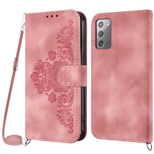 Netany Funda para Samsung Galaxy Note 20 con Cuerda, Flip Billetera Funda Tapa Libro PU Cuero con Ajustable Cordón,【2 Ranuras】【Magnética】,Funda Piel Carcasa Case para Samsung Note 20 Cuerda (Rosa)